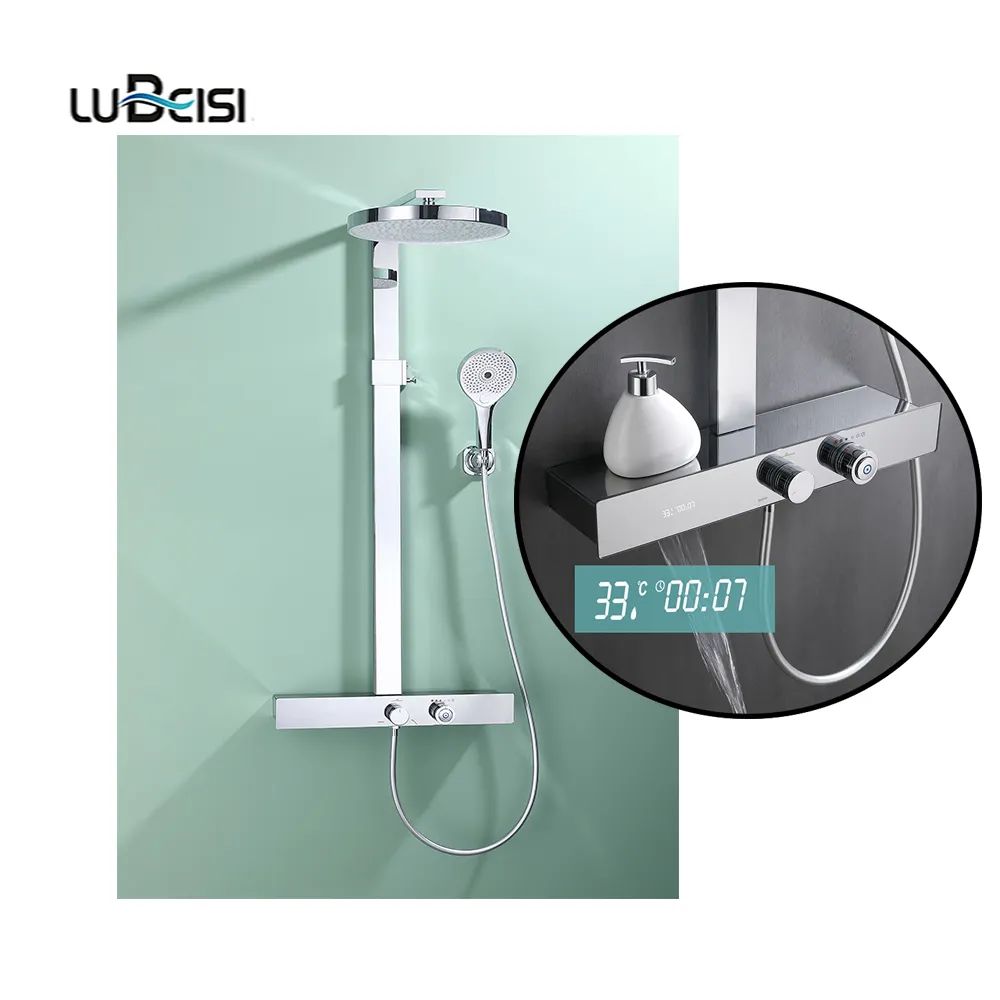 Sang trọng 3 Chức năng tường treo phòng tắm Chrome LED kỹ thuật số Hydro mưa vòi hoa sen Mixer vòi với giá kệ