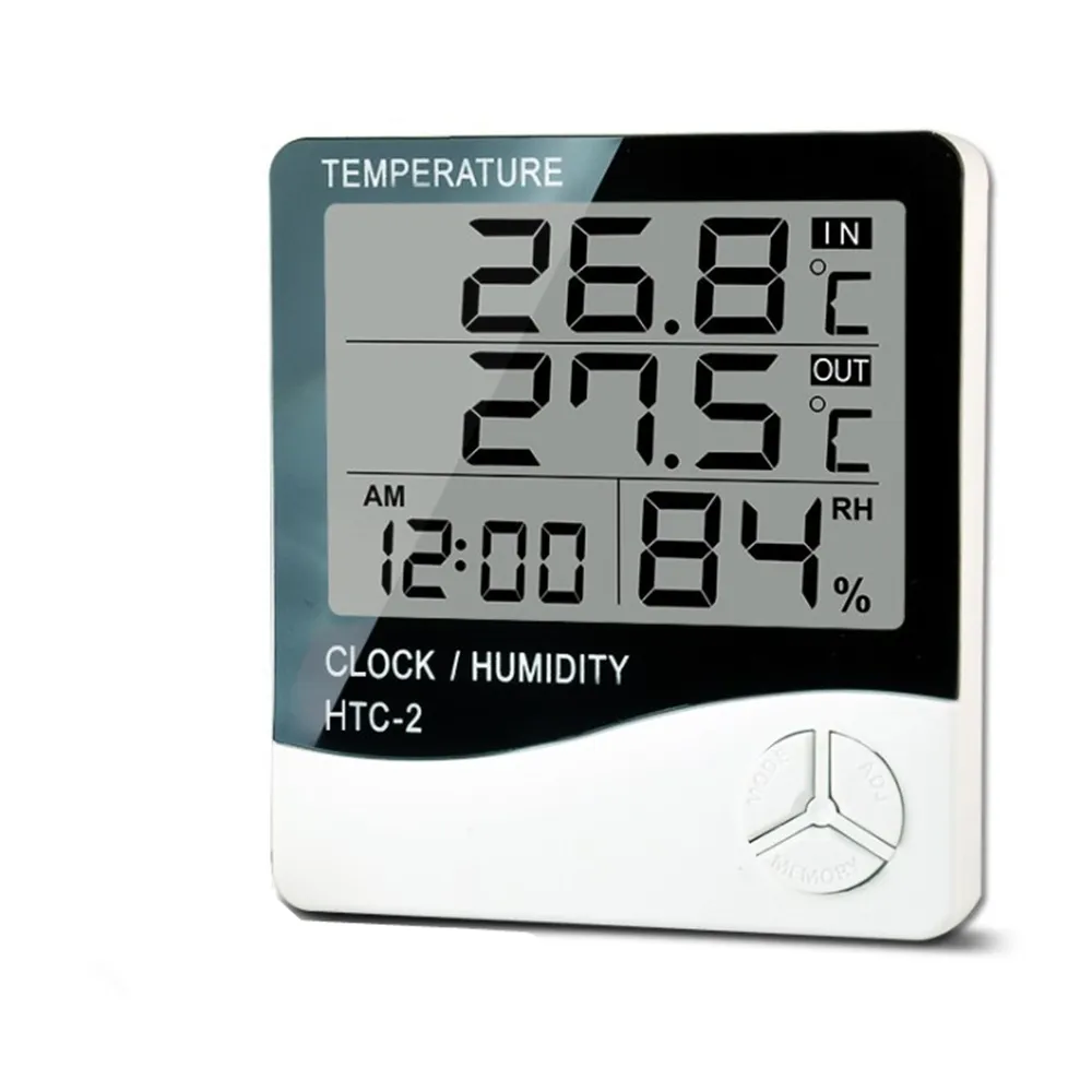 Termómetro Digital de temperatura y humedad para interior y exterior, higrómetro electrónico LCD, estación meteorológica, reloj HTC-1 HTC-2