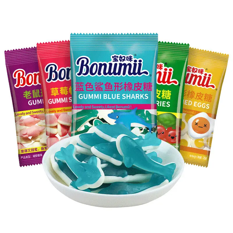 Caramelos exóticos al por mayor para niños con forma de huevo frito/forma de tiburón, caramelos de gelatina 125g, caramelos de dibujos animados
