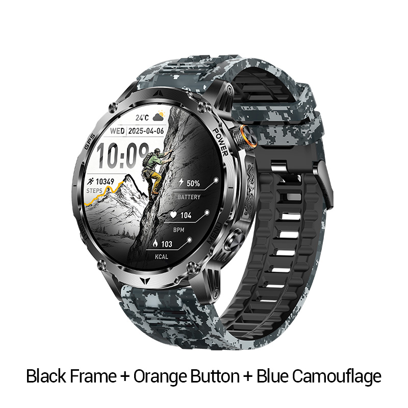 Cadre noir + bouton orange + bracelet en silicone camouflage bleu