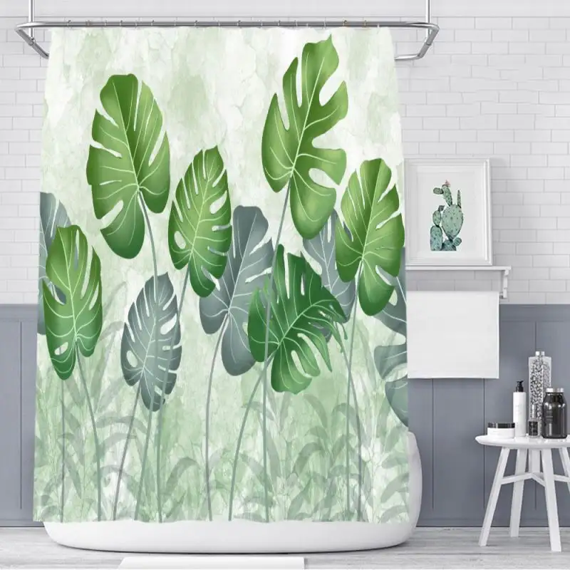 Kunden spezifische Größe Polyester Nordic Green Leaves Bedruckter wasserdichter Dusch vorhang