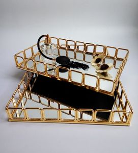 现代金色矩形华丽金属服务镜面托盘与圆形珠宝化妆chrom tablett - Product Image 6