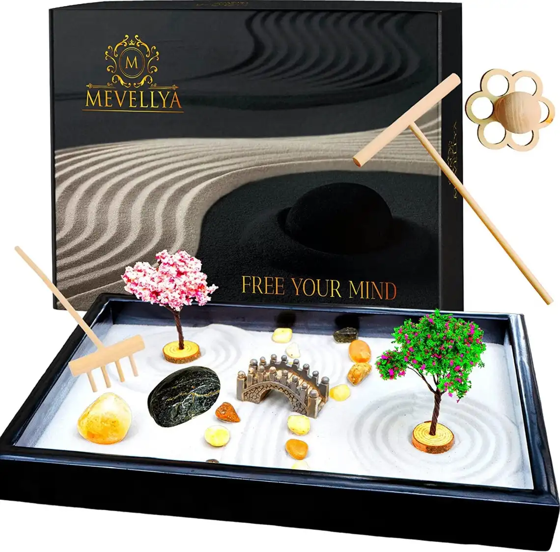Tabletop Rock Sand Meditation Kit da giardino Zen giapponese per scrivania grande albero di sabbia e accessori Zen Rock