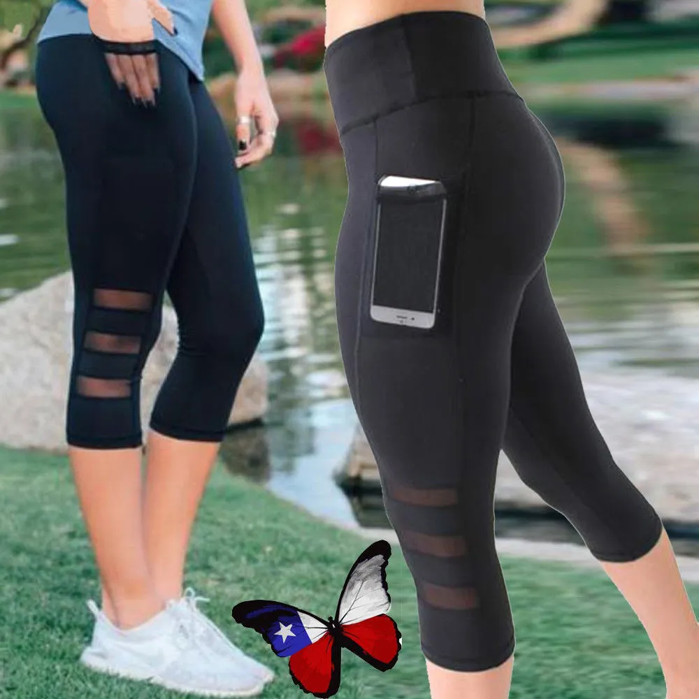 Mallas de Yoga de malla para mujer, pantalones Capri deportivos personalizados, ropa deportiva de talla grande, pantalones de Yoga con bolsillo