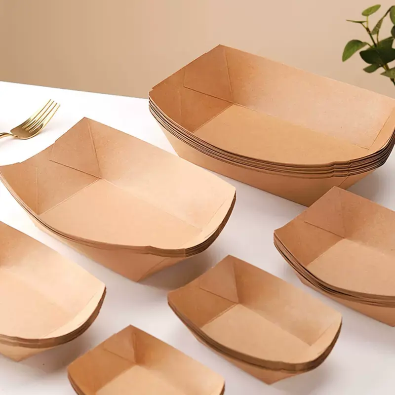 Vassoio personalizzato usa e getta a forma di barca in carta kraft Snack per patatine fritte vassoio di pollo con rivestimento in PE contenitore di carta per fast food