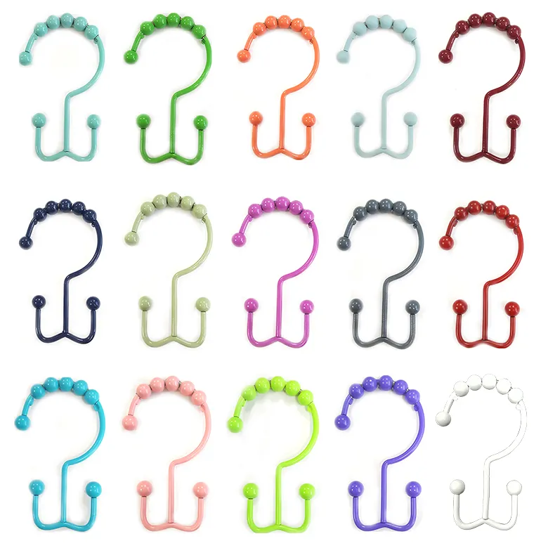 Colorful Double Metal Shower Curtain Hooks with 12 Hooks