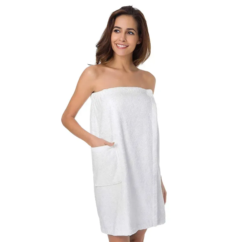 Kadın havlu vücut Wrap bornoz 100% pamuk Spa havlu bornoz spor ve duş için ayarlanabilir kapatma ile