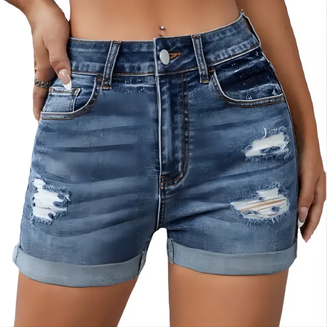 Gran oferta lista para enviar nueva moda algodón/spandex azul denim 5 bolsillos cintura alta mujeres jeans ajustados pantalones cortos ajustados de piel