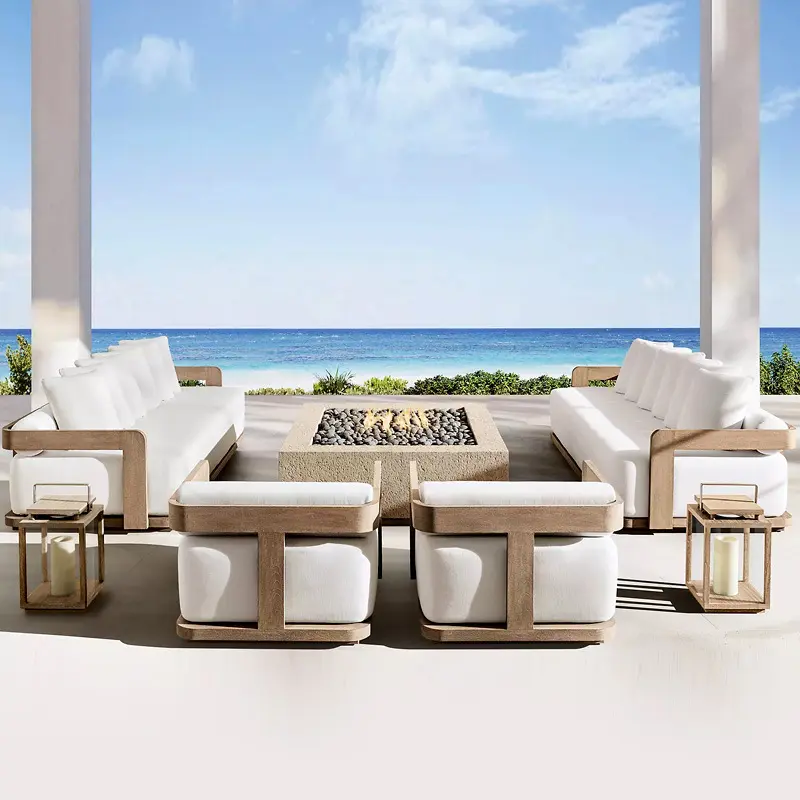 Outdoor-Set Rattan Tisch und Stühle weiß Teakholz Luxus Outdoor Rattan Gartenmöbel