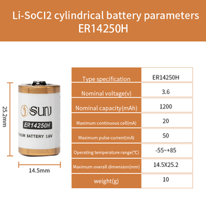 Akıllı metre Er14250 için 1200mAh Li-SOCL2 birincil lityum hücre 3.6V silindirik pil soket kablo demeti - Product Image 5