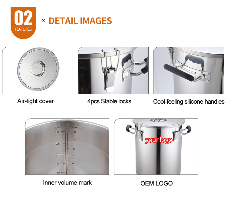 Commercial kitchen large 60L airtight stainless steel container barrel pot with seal lid