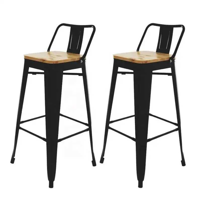 China Factory Industrial Style Black Backrest Metal Bar Stools with Wood Seat