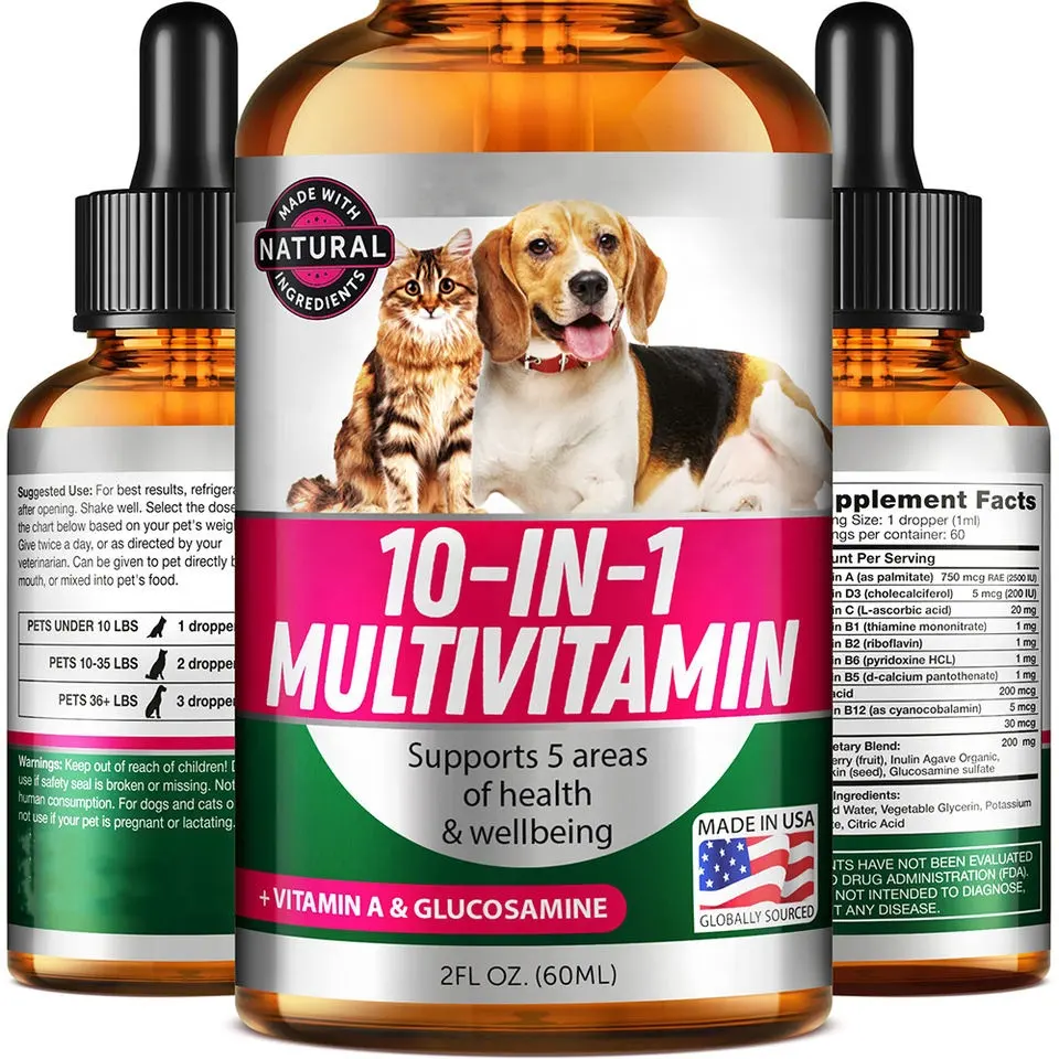 OEM 10-en-1 Vitamines pour animaux de compagnie Gouttes liquides de glucosamine naturelle pour chiens chats Supplément multivitaminé pour l'intestin du chien Santé immunitaire des articulations