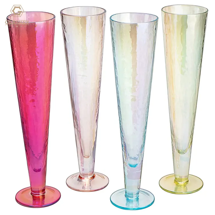 Juego de flautas de champán iridiscentes para vacaciones de boda, 4 Uds., Copas de champán galvanizadas de tallo largo, vasos de tostado de colores