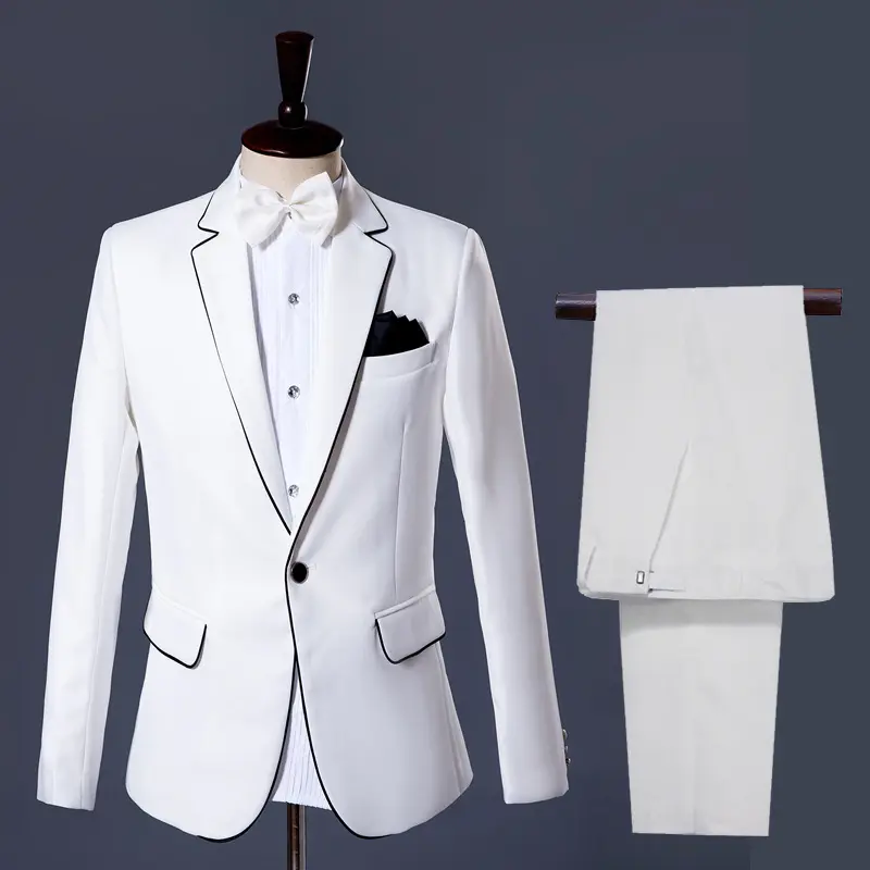 Erkek takım elbise sahne elbise beyaz ve siyah dantel erkek takım elbise sıska düzenli ceket pantolon beyaz tek göğüslü akıllı rahat erkek takım elbise