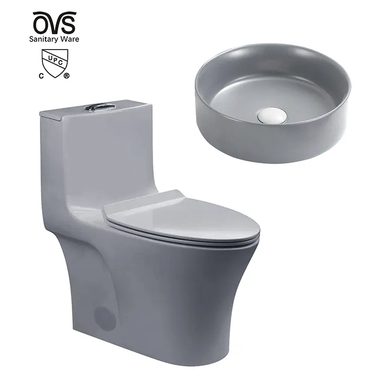 OVS Cupc Foshan Luxus Sanitär Bad Toiletten und Waschbecken Set Graue Farbe Waschbecken Keramik P Falle Toiletten schüssel Sets