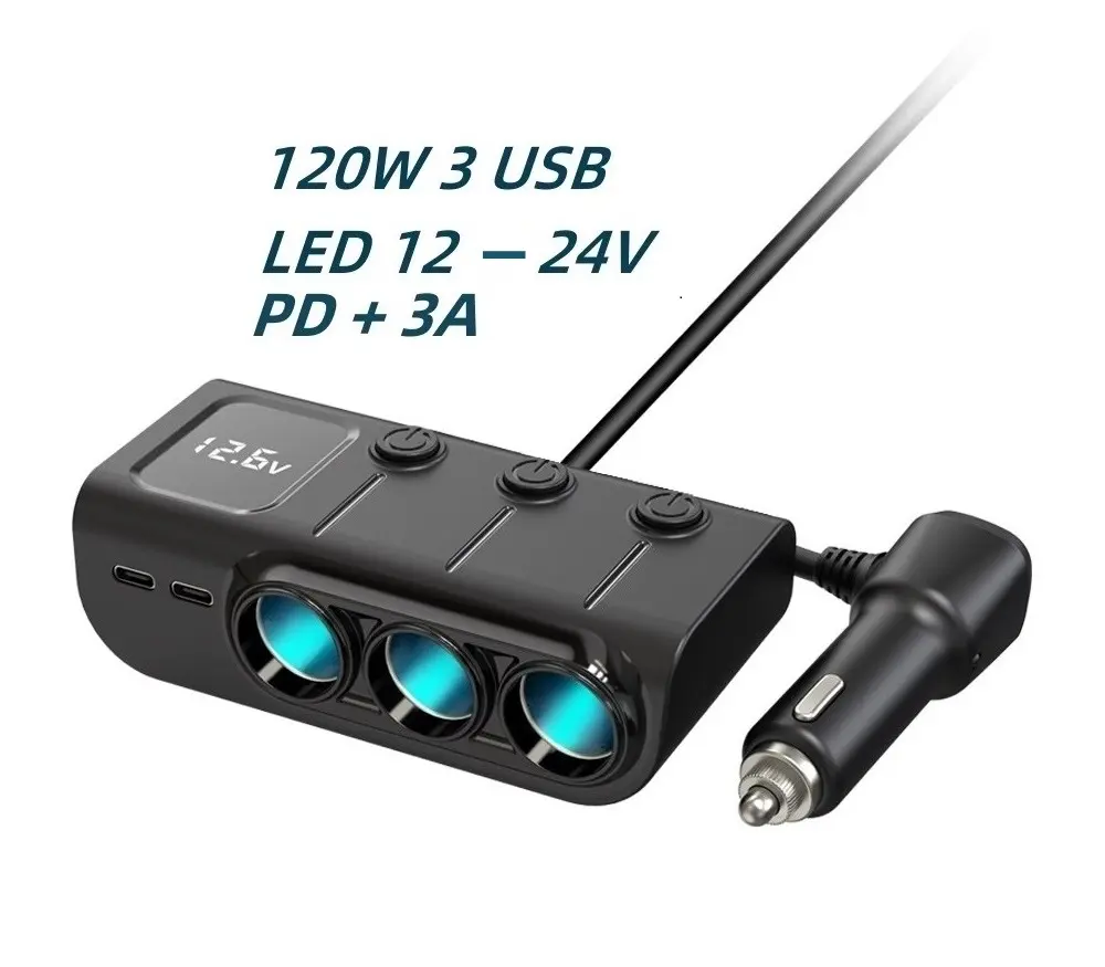 Adaptador divisor de encendedor de cigarrillos para coche, divisor de 120W, 12v, 3 enchufes, cargador de coche Dual PD USB C 18W QC para cámara de salpicadero GPS, calentador de coche