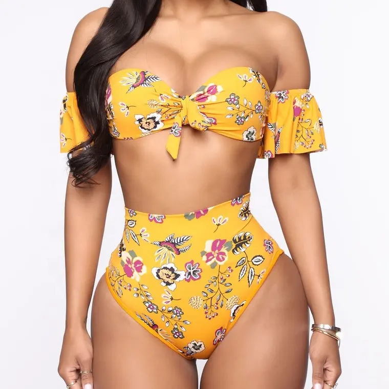 Biquíni sensual feminino de cintura alta, roupa de praia personalizada por atacado com estampa floral, duas peças