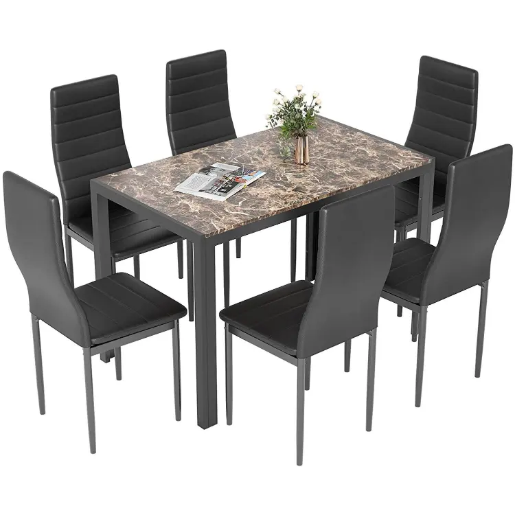 Conjunto de cadeiras combinação mesa de jantar, 7 peças, sala de cozinha, mesa retangular, 6 cadeiras de couro, jantar, tabelas e cadeiras