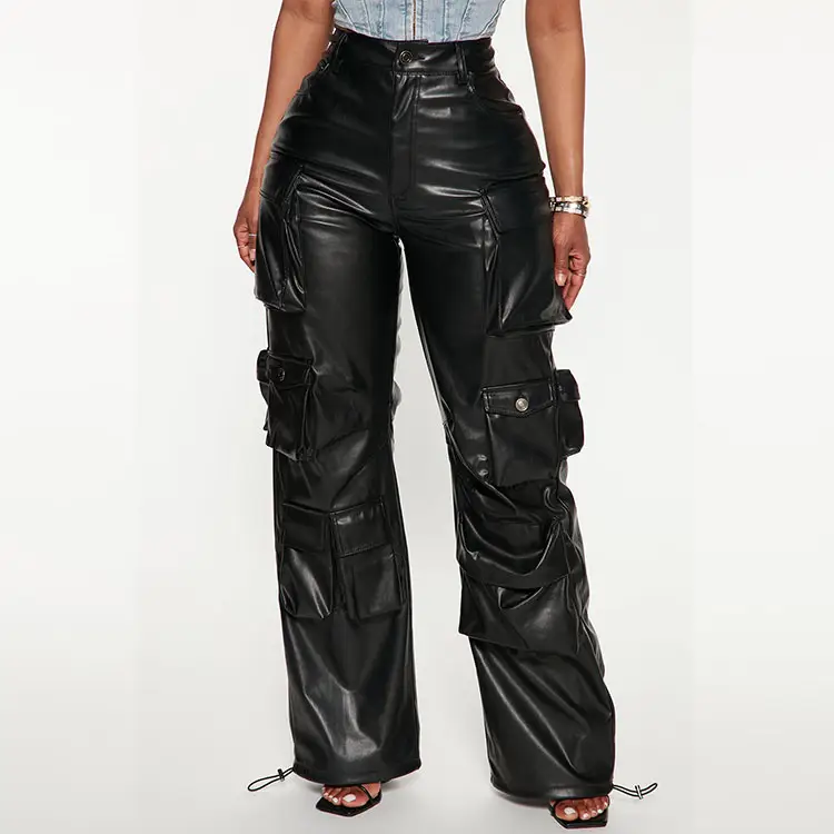 Benutzer definierte OEM Hersteller Baggy Pockets High Waist Streetwear weites Bein Lässige Damen Lange Leder Cargo Hose für Damen Hosen