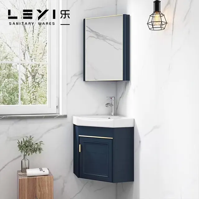 Lavabo de cerámica moderno, mueble de esquina azul, encimera, tocador de baño de aluminio