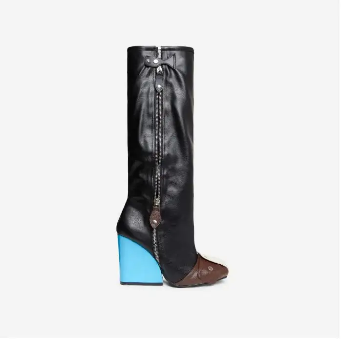 Mode Schnalle quadratische Zehen niedrige Keil absatz kniehohe lange Stiefel aus Kunstleder für Frauen und Damen