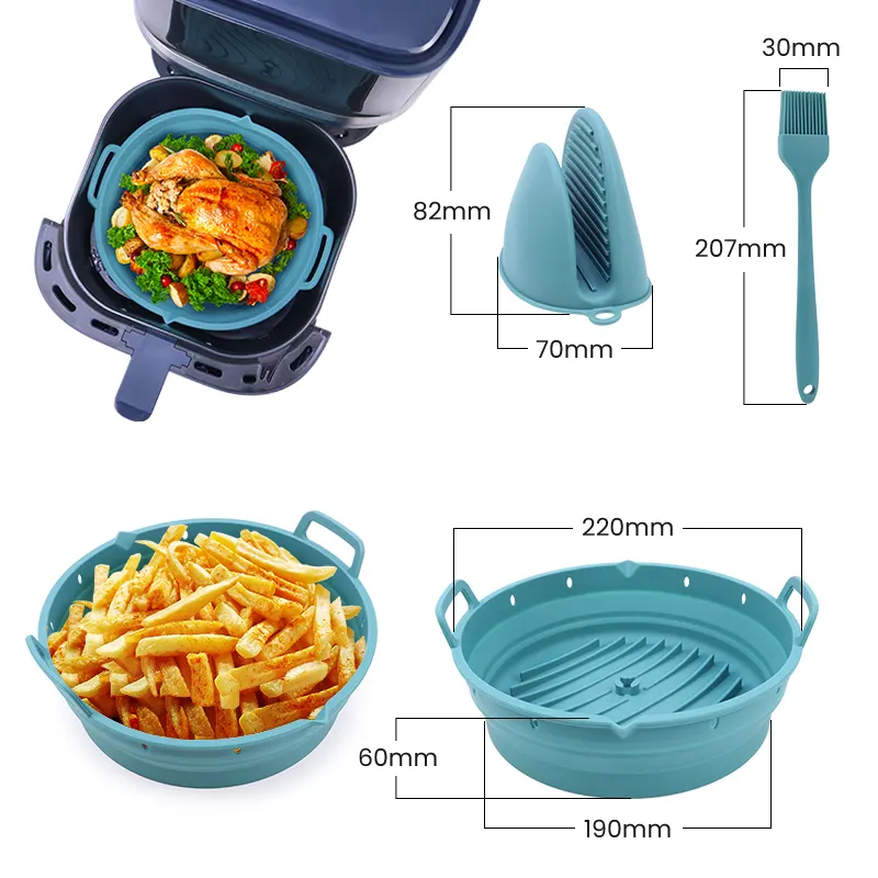 Custom 8.5 Inch 22cm Round Reusable Bakeware Food Grade Safe Foldable Nonstick Air Fryer Silicone Liners Pot Set for Air Fryer