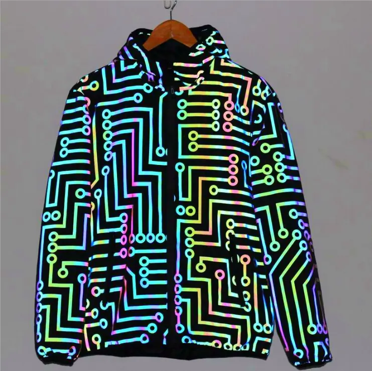 Chaqueta informal de poliéster para hombre, reflectante, con estampado de patrón de diagrama de color neón arcoíris, 100%