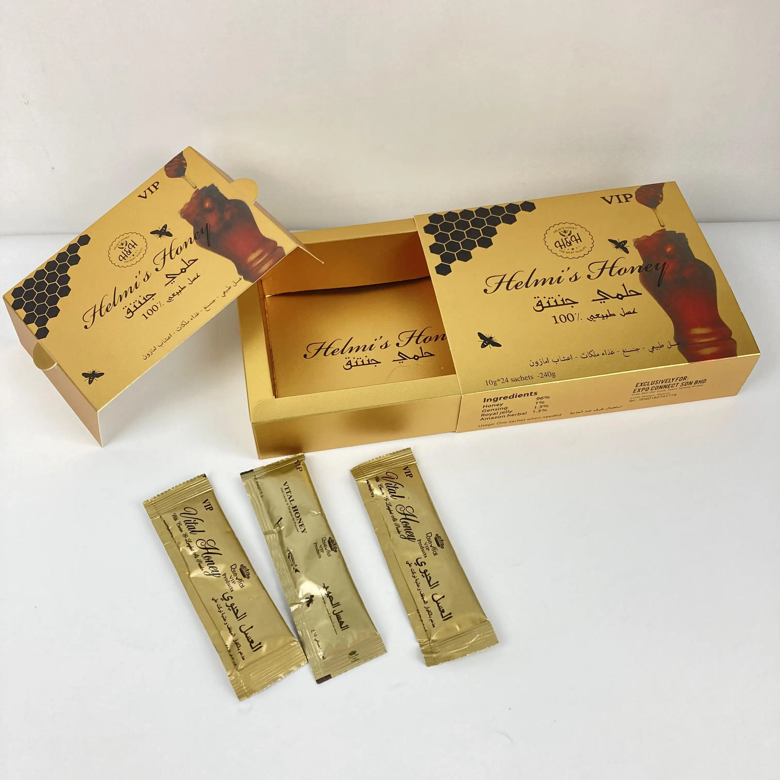 Sachetes de embalagem personalizada de ouro, embalagens de mel vip, estampa de flores hmf royal honey vip para ele vital vip
