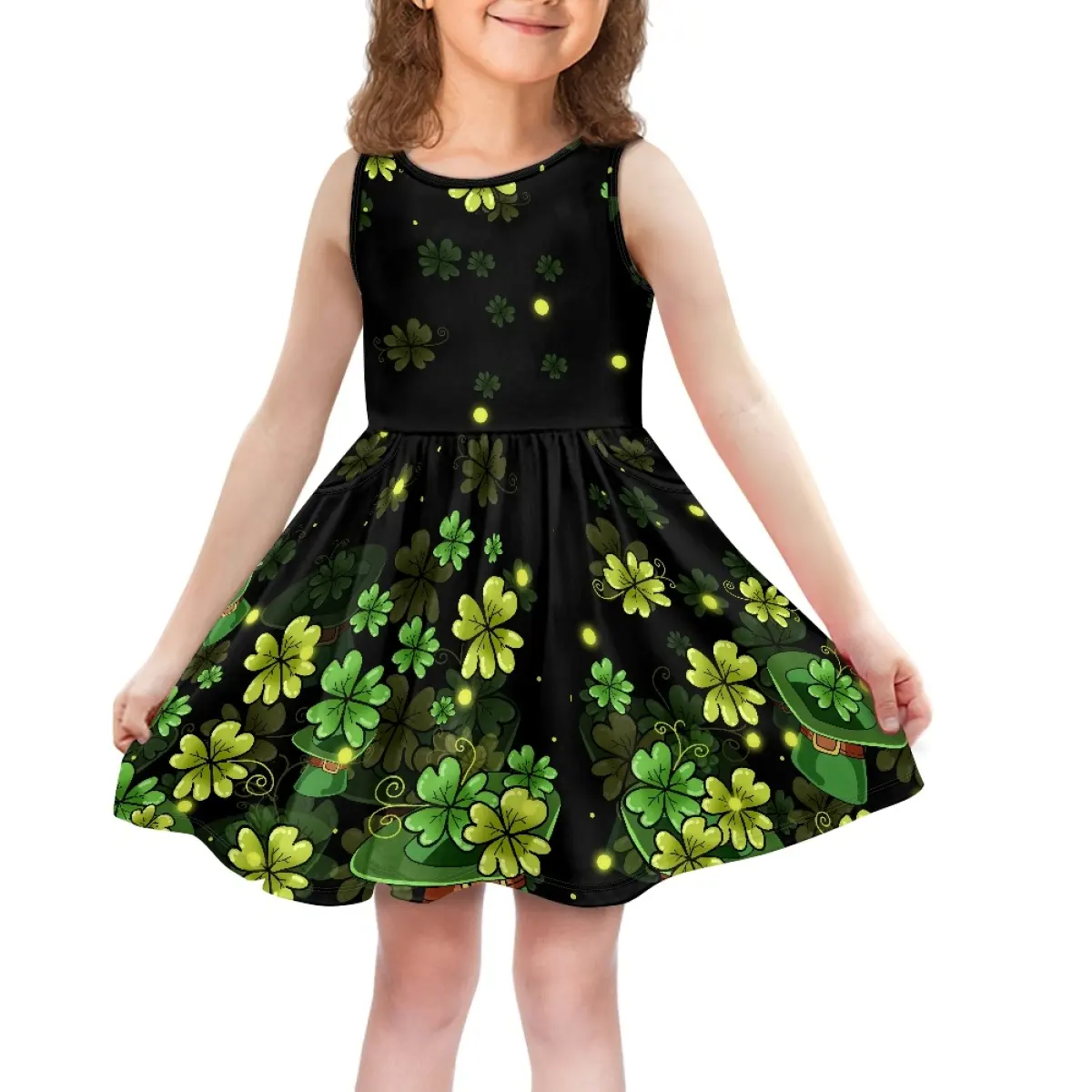 Imprimir a pedido Ropa de fiesta de cumpleaños para niños Vestidos de princesa lindos con bolsillo para niñas Vestido de verano sin tirantes de hoja verde personalizado