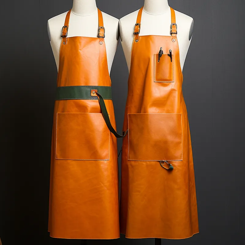 On The First Floor Coffee Shop Butcher Cowhide Leather Cleaning Custom Apron Custom Size Accepted Leather Aprons for Men