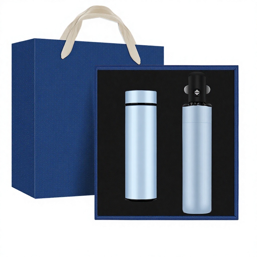 Taza termo y paraguas-azul claro-caja de regalo desplegable