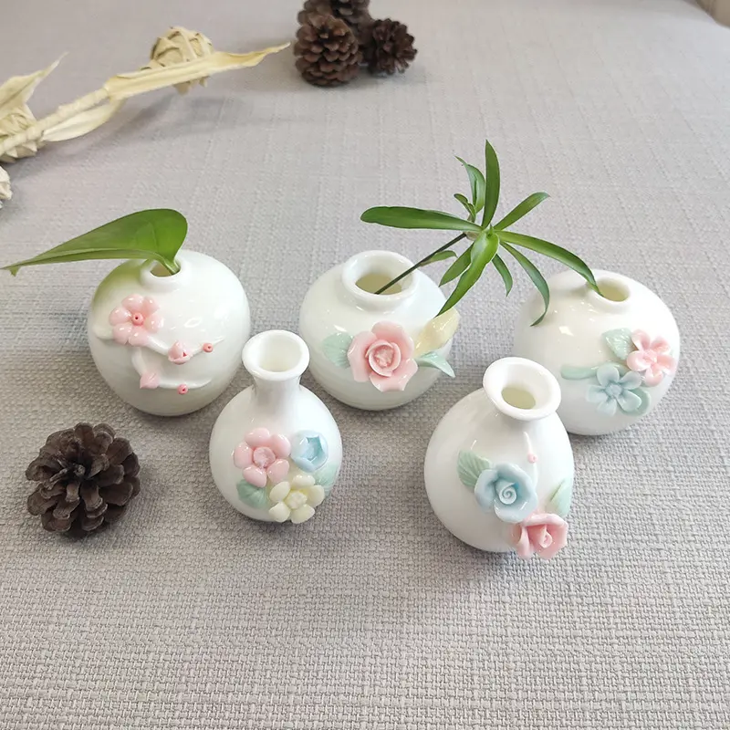 Buatan tangan miniatur vas keramik mini lucu merah muda putih bunga mewah