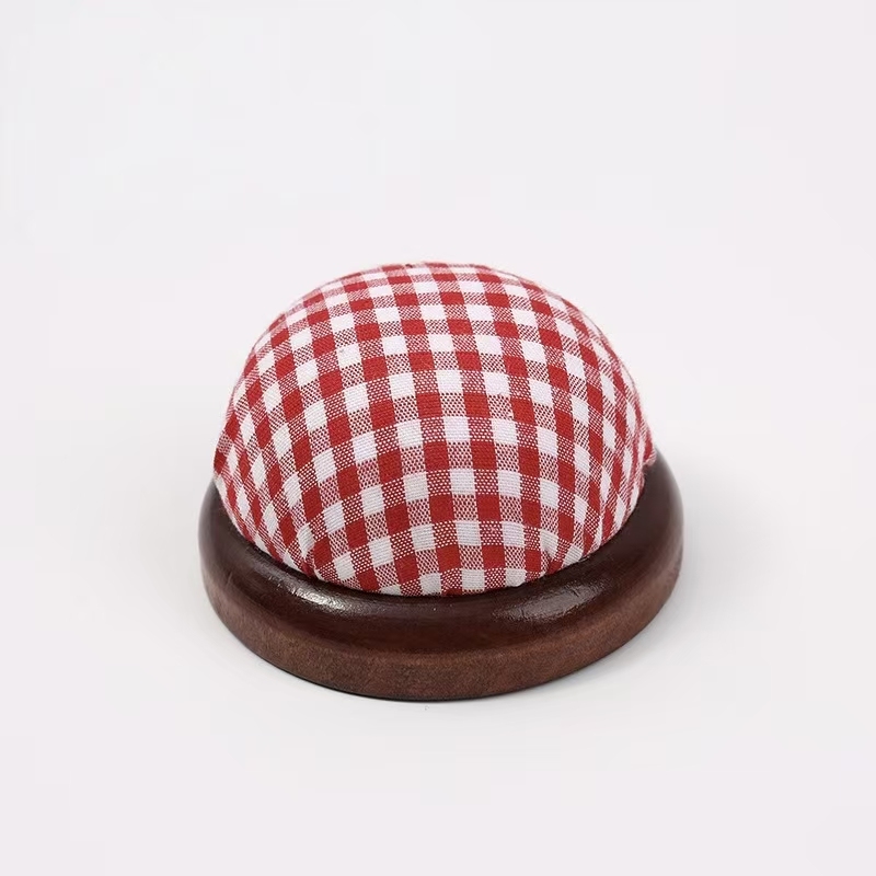 Red and white plaid-brown wooden base