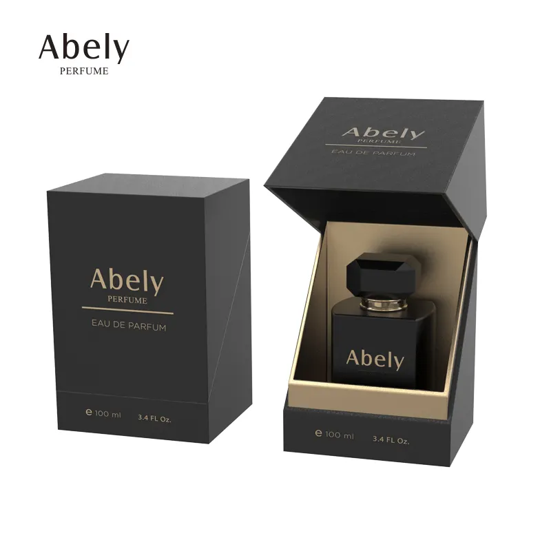علبة تعبئة مغناطيسية للعطور من Abely, علبة فاخرة فارغة باللون الأسود بتصميم مخصص للعطور مزودة بزجاجة