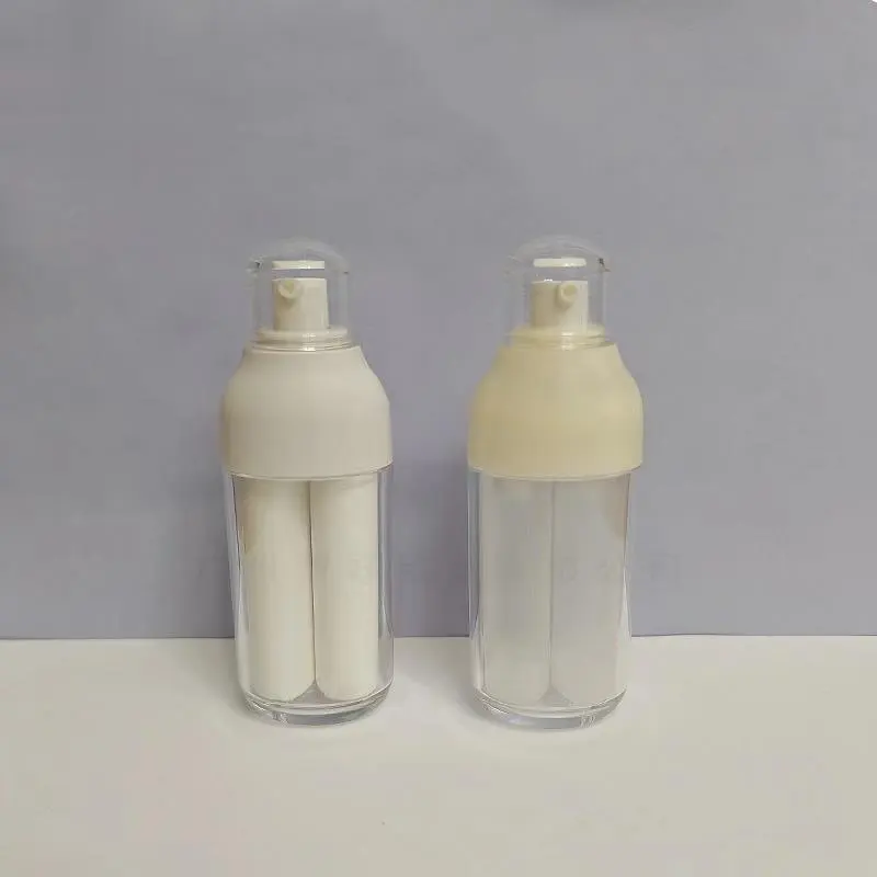 Envase de botella sin aire, botella de bomba de loción de doble tubo para el cuidado de la piel, serigrafía cosmética de lujo de plástico de doble cámara de calidad
