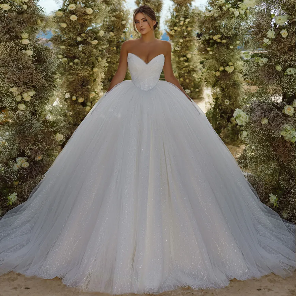 Elegant Pleats Sweetheart Ball Gown Wedding Dresses With Bling Lace Removable Sleeves Bride Skirts