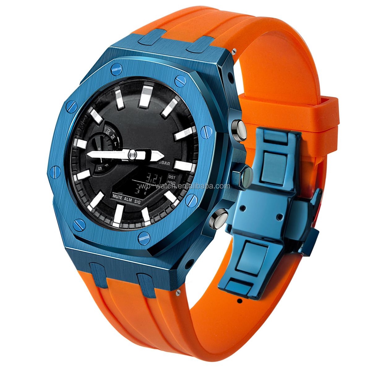 Bague bleue + boîtier bleu + bracelet orange