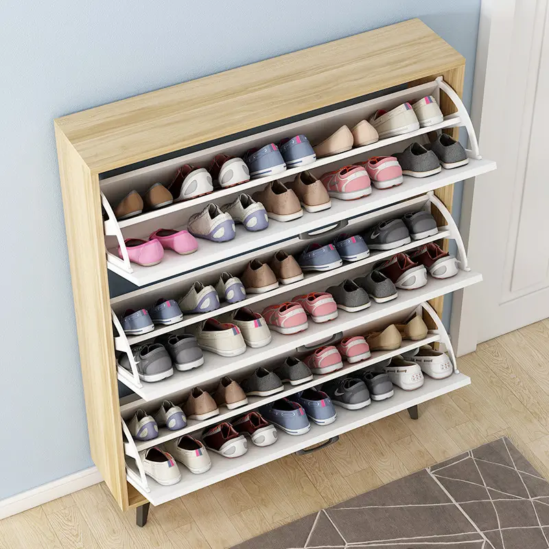 Étagère à chaussures pliable avec porte coulissante à 3 couches, organisateur de rangement en bois, étagère à chaussures de salon