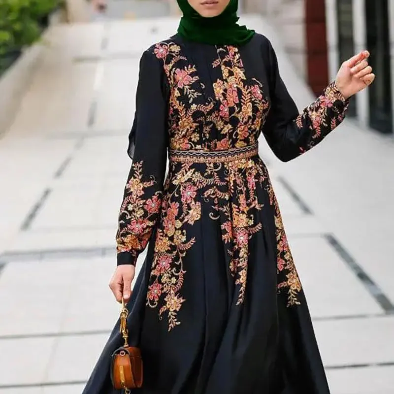 Vêtements Ethniques Islamique Turc Turc Musulman Modeste Floral Abaya Robe Noire avec Manches Complètes