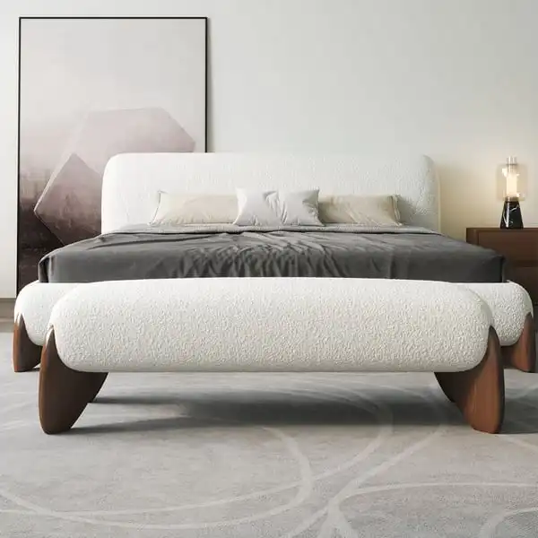 Mobília do quarto italiano Tecido Boucle estofado Cama madeira maciça Pés de noz quadro Queen Size Cama de tecido King Size