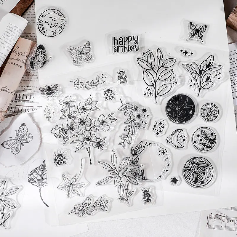 Selos de silicone natureza flor transparente, para fazer cartão diy, decoração de scrapbook