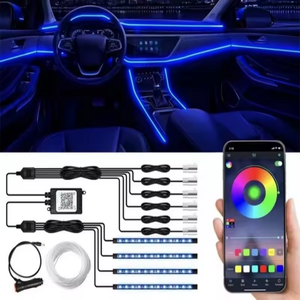 LED แสงโดยรอบชุดไฟเบอร์ออปติก RGB APP ควบคุมแสงสายเย็นออโต้คาร์ไฟตกแต่งอุปกรณ์ตกแต่งภายใน