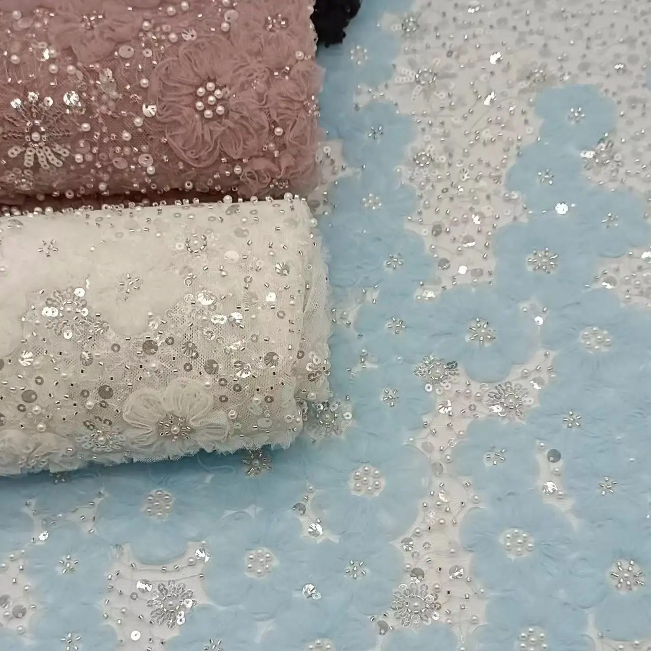 Tessuto in Tulle di Organza ricamato con perline e paillettes a fiori per scena e abito da sposa Abaya