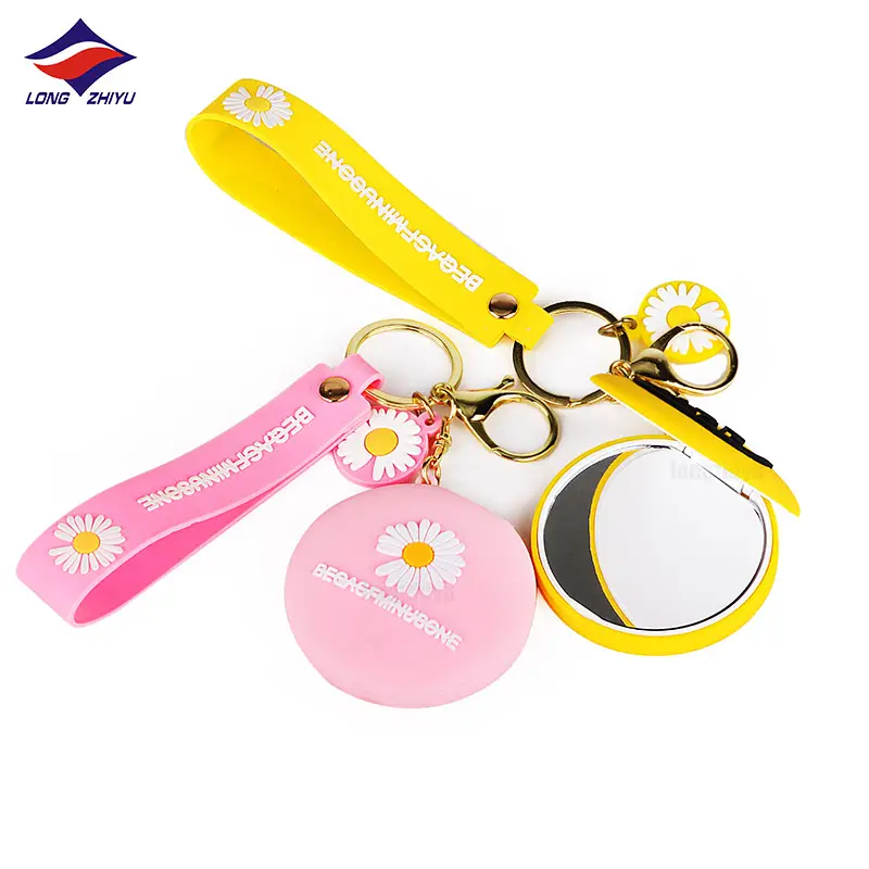 Longzhiyu Gantungan Kunci Cermin Rias PVC Kustom dengan Bunga Gantungan Kunci Cermin Kosmetik Pink Halus untuk Hadiah Promosi