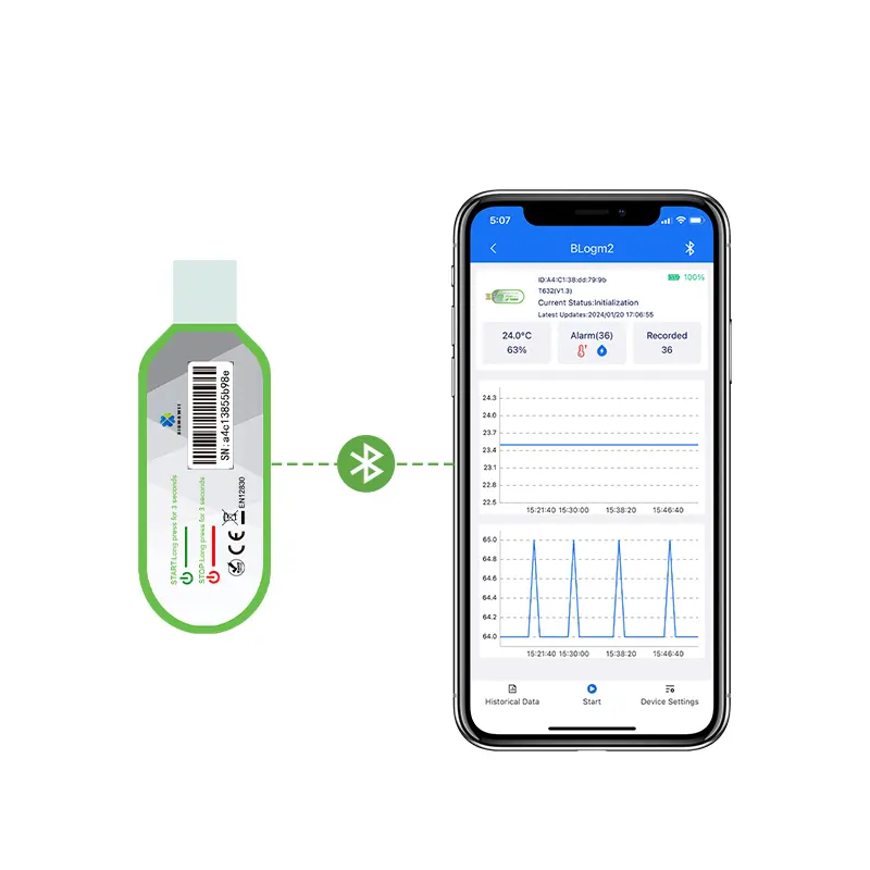 Registrador de dados de temperatura USB IP67 sem fio à prova d'água dente azul para registrador de temperatura de transporte