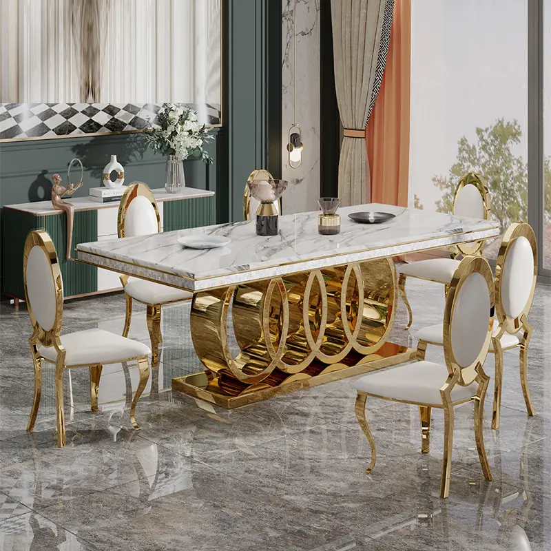 Set da pranzo di lusso tavolo da pranzo in marmo tavolo da pranzo con base in acciaio inossidabile dorato