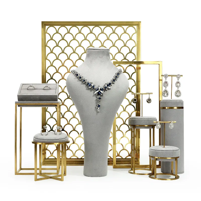 Custom LOGO Luxury Jewelry Rack Shop Store Showcase Exhibitor Metal Jewelry display Stand Set