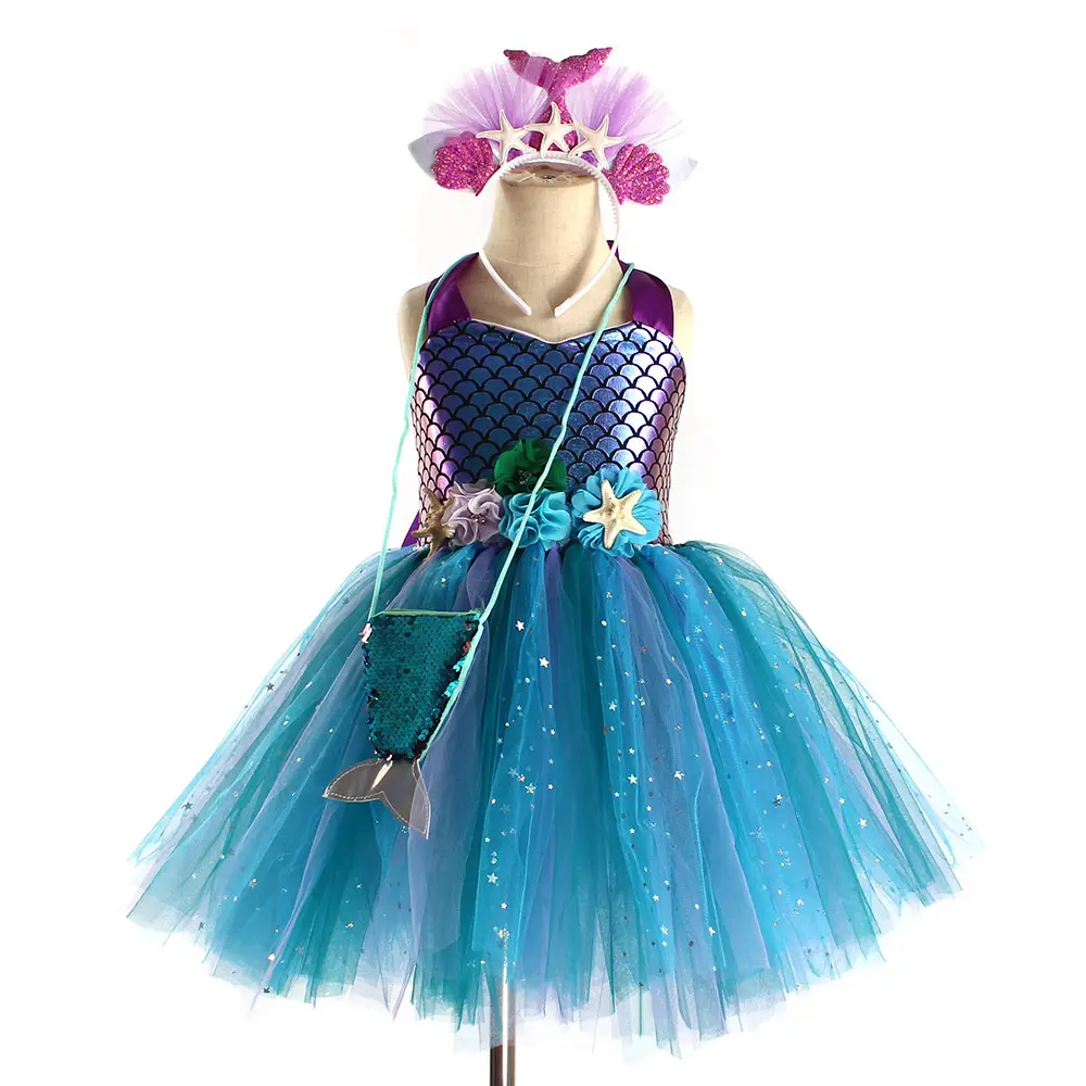 Últimas Design Girls Dresses 2-14 Vestuário Aniversário Sereia Crianças Flower Tulle Girls Party Dresses