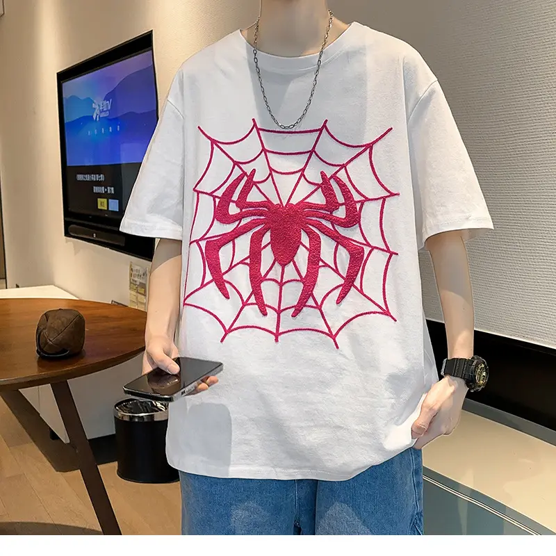 2024 Mùa Hè Thời Trang T-Shirt Người Đàn Ông Của Xu Hướng Spider Thêu In Cổ Điển Năm Quý Tay Áo 220G Cotton Ngắn Tay Áo T Áo Sơ Mi